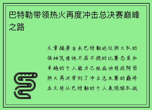 巴特勒带领热火再度冲击总决赛巅峰之路