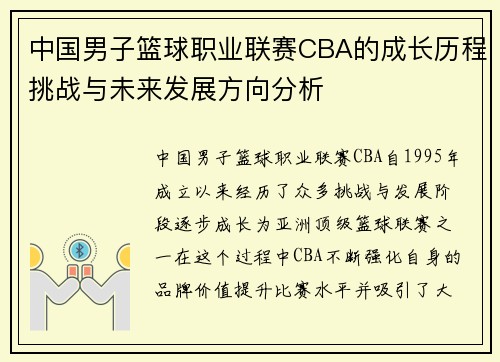 中国男子篮球职业联赛CBA的成长历程挑战与未来发展方向分析