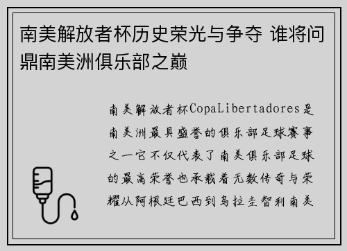 南美解放者杯历史荣光与争夺 谁将问鼎南美洲俱乐部之巅