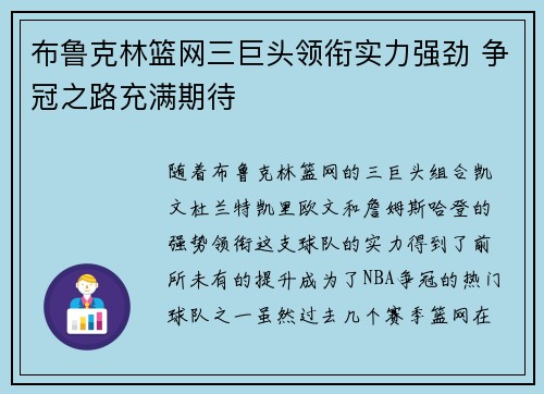 布鲁克林篮网三巨头领衔实力强劲 争冠之路充满期待 布鲁克林篮网三巨头领衔实力强劲 争冠之路充满期待