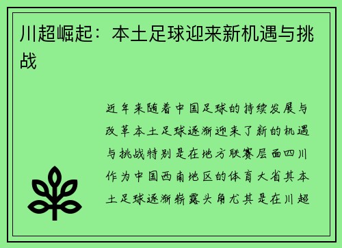川超崛起：本土足球迎来新机遇与挑战